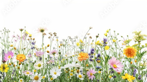 A diverse and vibrant display of meadow flowers isolated on a white background, featuring various species in full bloom, perfect for spring and summer themes. © MiniMaxi