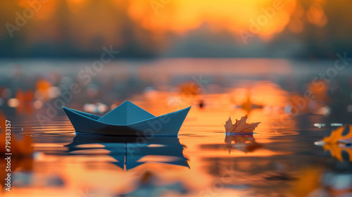 A serene sunset scene with a paper boat floating on calm water surrounded by fallen autumn leaves. photo