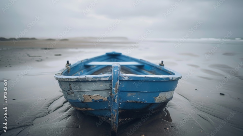 Fototapeta premium An old blue rowboat on a tranquil sandy beach under overcast skies, suggesting solitude and calm.