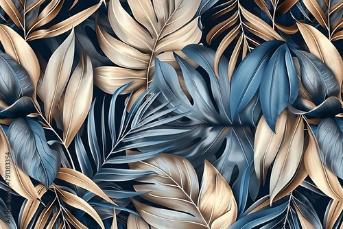 Blue vintage tropical leaves in seamless border design. Premium wallpaper, luxury silver grey background, texture, mural art. 3d dark watercolor floral illustration. Golden, beige, Generative AI photo