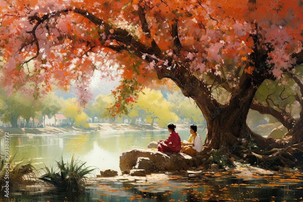 A painting depicting two individuals sitting under a tree with red leaves. Generative AI A painting depicting two individuals sitting under a tree with red leaves. Generative AI