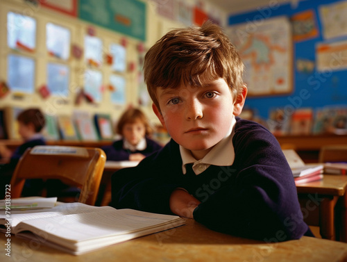 British boy kindergarten student sits and writes note in the classroom, Education in schools in the Europe zone, Classroom in kindergarten.