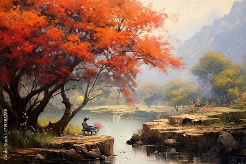 A painting depicting a man sitting on a bench next to a river, surrounded by red leaves trees. Generative AI