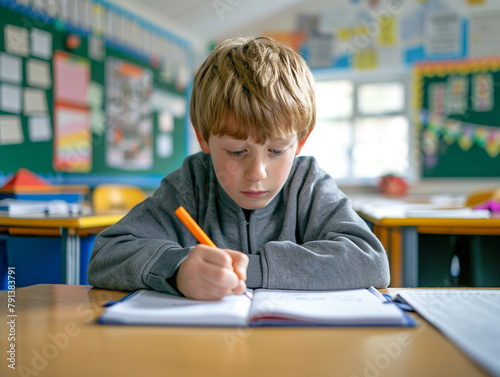 British boy kindergarten student sits and writes note in the classroom, Education in schools in the Europe zone, Classroom in kindergarten.