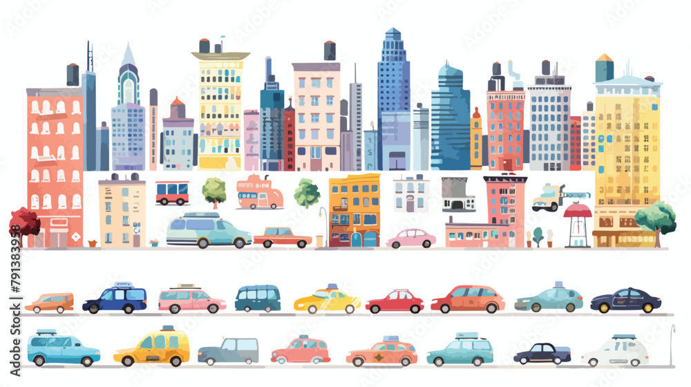 City life set with cars road buildings. City street p - obrazy, fototapety, plakaty 