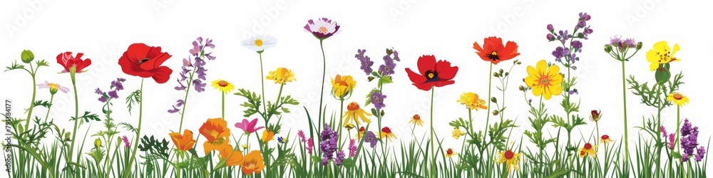 Fototapeta premium A diverse and vibrant display of meadow flowers isolated on a white background, featuring various species in full bloom, perfect for spring and summer themes.