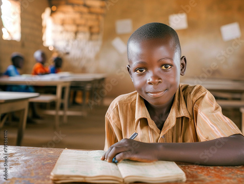Africa boy kindergarten student sits and writes note in the classroom, Education in schools in the Africa zone, Classroom in kindergarten.