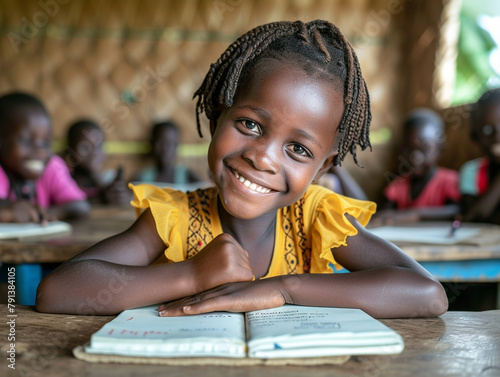Africa girl kindergarten student sits and writes note in the classroom, Education in schools in the Africa zone, Classroom in kindergarten.