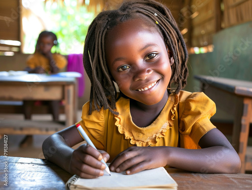 Africa girl kindergarten student sits and writes note in the classroom, Education in schools in the Africa zone, Classroom in kindergarten.