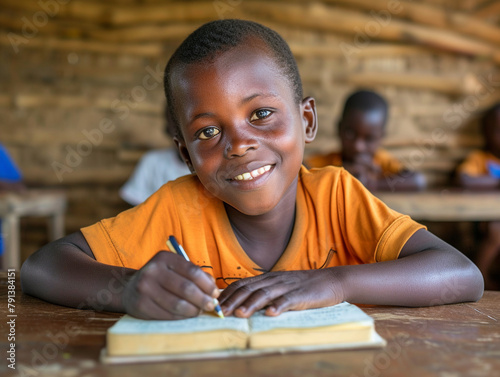 Africa boy kindergarten student sits and writes note in the classroom, Education in schools in the Africa zone, Classroom in kindergarten.
