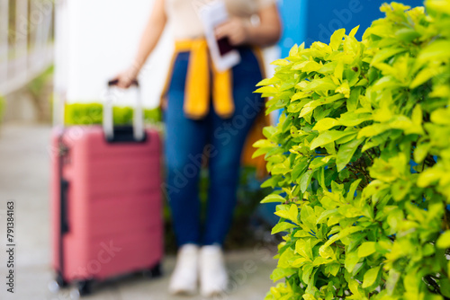 Happy Latina woman with her pink suitcase going on vacation. Excited woman ready to travel and enjoy the summer. Happiness and travel. Bushes.