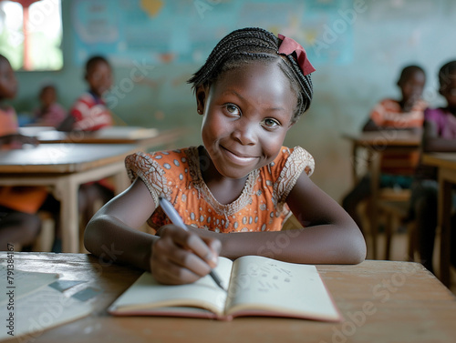 Africa girl kindergarten student sits and writes note in the classroom, Education in schools in the Africa zone, Classroom in kindergarten.