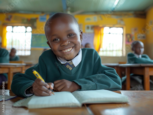 Africa boy kindergarten student sits and writes note in the classroom, Education in schools in the Africa zone, Classroom in kindergarten.