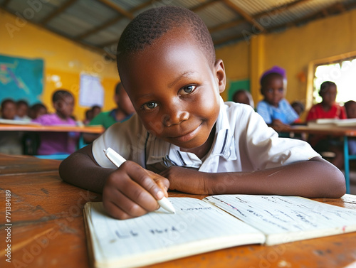 Africa boy kindergarten student sits and writes note in the classroom, Education in schools in the Africa zone, Classroom in kindergarten.
