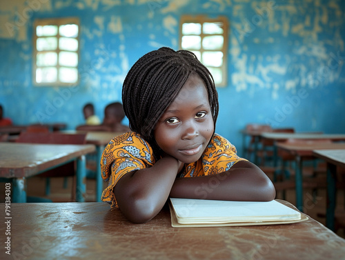 Africa girl kindergarten student sits and writes note in the classroom, Education in schools in the Africa zone, Classroom in kindergarten.