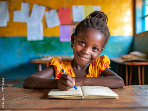 Africa girl kindergarten student sits and writes note in the classroom, Education in schools in the Africa zone, Classroom in kindergarten.