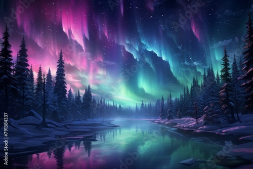 A beautiful winter landscape with a starry night sky and a colorful aurora borealis over a frozen lake and snow covered trees.