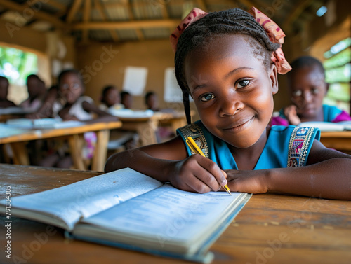 Africa girl kindergarten student sits and writes note in the classroom, Education in schools in the Africa zone, Classroom in kindergarten.