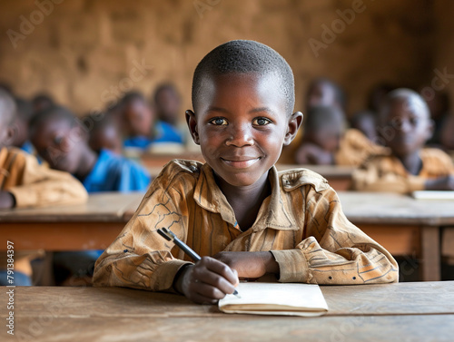 Africa boy kindergarten student sits and writes note in the classroom, Education in schools in the Africa zone, Classroom in kindergarten.