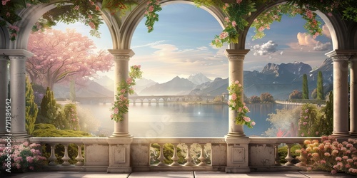 3d mural wallpaper Beautiful view of landscape background, garden in the Baron style Stone arches overlooking the river, Generative AI