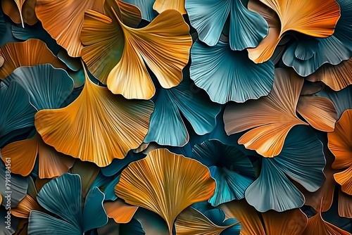 Vibrant 3D artwork with orange, blue, and golden ginko biloba leaves on a canvas mural wallpaper. Generative AI