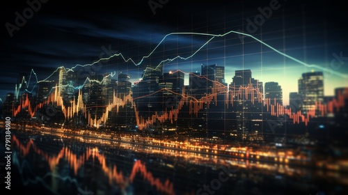 A beautiful cityscape with a glowing grid of financial data superimposed over it. photo