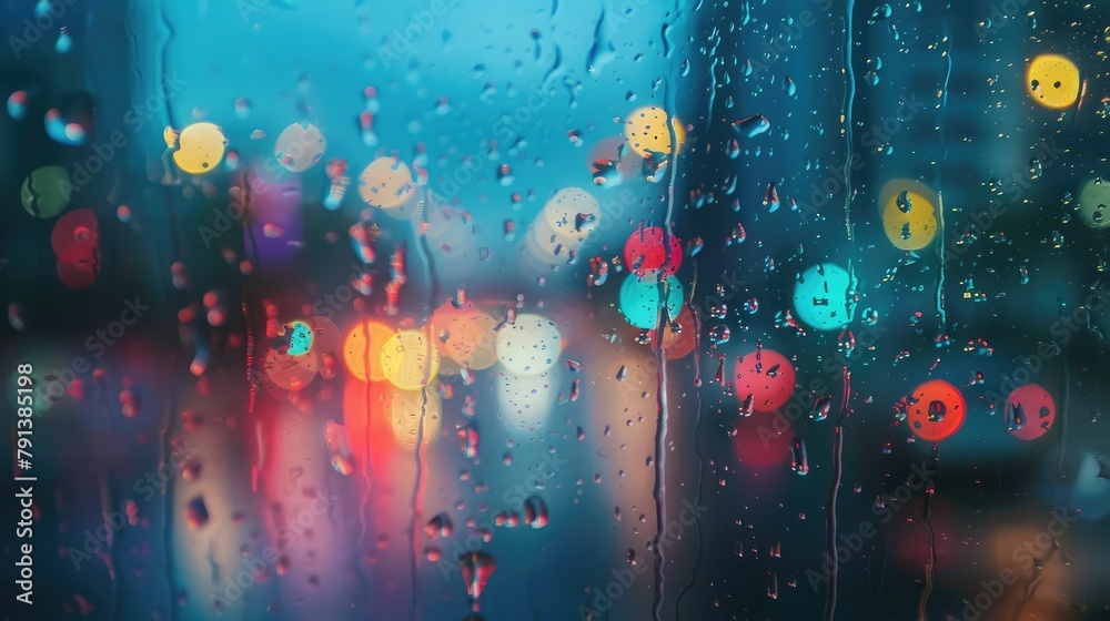 close-up of raindrops pelting against a window pane, blurred city lights in the background as a storm rages outside.