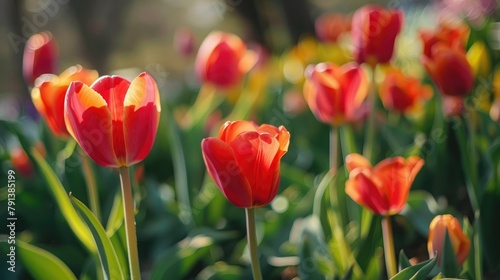 close-up of delicate tulips swaying in the breeze, their vibrant petals capturing the essence of springtime renewal and beauty.