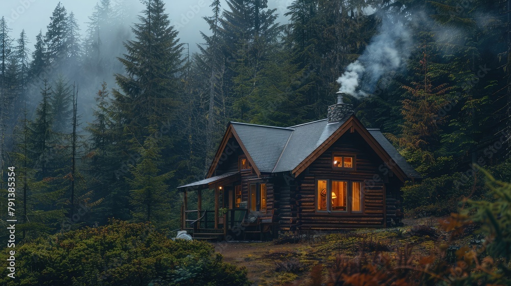 cozy cabin nestled in a misty forest, smoke curling from the chimney as inhabitants enjoy the cozy ambiance of a rainy day indoors.