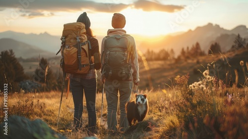 couple taking their adventurous pet ferret on a hiking excursion, experiencing the wonders of nature together as a bonded family unit. photo
