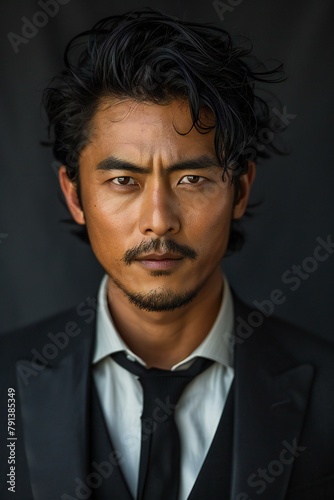 Portrait of young handsome Indian man in black suit against black background © Cuong