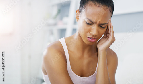 Free Download Black woman, hand and headache pain in home for pressure tension with vertigo, brain fog or migraine. Female person, stress and inflammation fatigue or anxiety burnout with tired, overworked or sick - GFXLoad