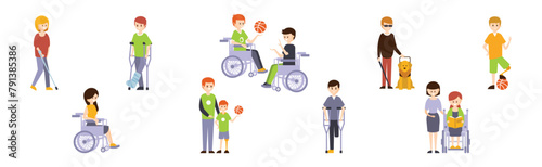 Happy Disabled People Character with Disability Vector Set