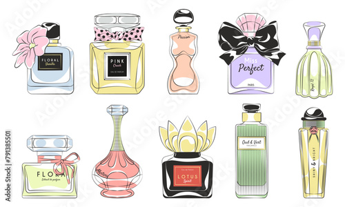 Perfume products. Designer glass bottles and flasks with toilet water, scented cologne, glass packages, pumps and sprayers, glamour container, aroma liquid, tidy vector aromatic cosmetic set