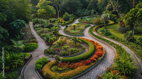 dynamic shot of a botanical park with winding paths bordered by vibrant flower beds, beckoning visitors to explore and unwind.