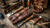 Vintage-inspired beard grooming set, including leather strops, classic razors, and wooden brushes, captured in a rustic setting