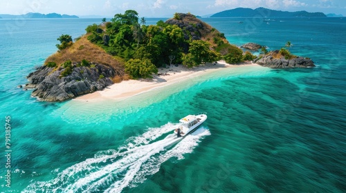 family exploring exotic islands on a private speedboat tour, discovering hidden coves and pristine beaches along the way. photo