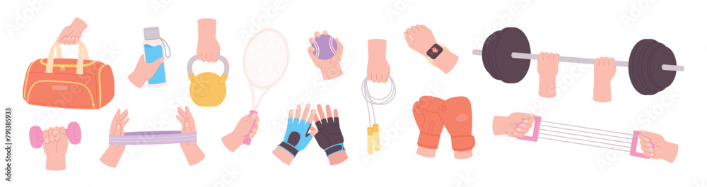 Naklejka premium Person with sport equipment. Human hands holding different training tools. Workout process with dumbbells, barbell and jump rope, racy vector set
