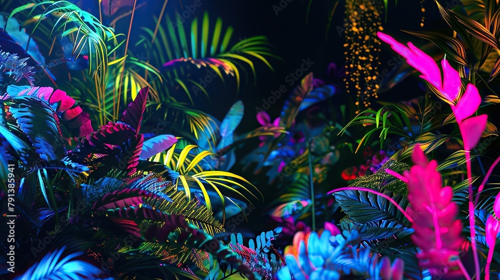 neon abstract background resembles a digital jungle, abstract flora with colorful glowing leaves