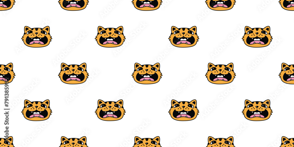 Obraz premium cat seamless pattern kitten smile laughing face paw footprint calico vector neko munchkin pet cartoon doodle tile background gift wrapping paper repeat wallpaper illustration isolated