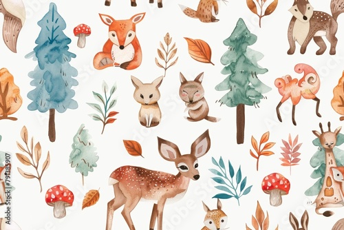 Seamless pattern of watercolor wild animals and trees. © Thi