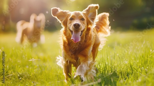 joyful dog bounding through a grassy field with ears flapping and tongue lolling, epitomizing the pure bliss of canine freedom in nature.