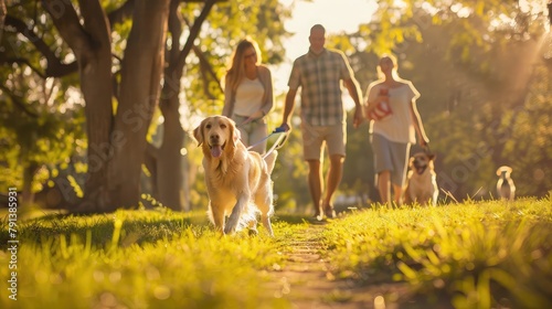 joyful family walking their pet dog in a sun-drenched park, their laughter and smiles a testament to the joy of shared experiences with pets. © buraratn