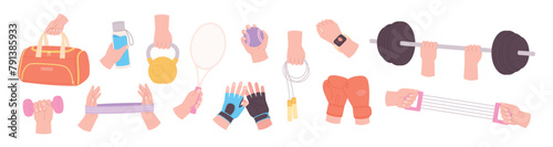 Person with sport equipment. Human hands holding different training tools. Workout process with dumbbells, barbell and jump rope, racy vector set
