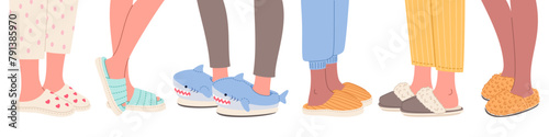 Human feet in cozy slippers. Warm home shoes. Fur, textile and suede footwear, pajama party, fluffy comfortable house flip flops, girls in funny soft boots cartoon flat isolated vector set