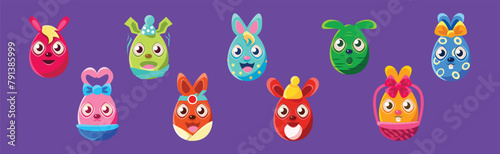 Bunny in Shape of Oval Egg of Different Color Vector Set