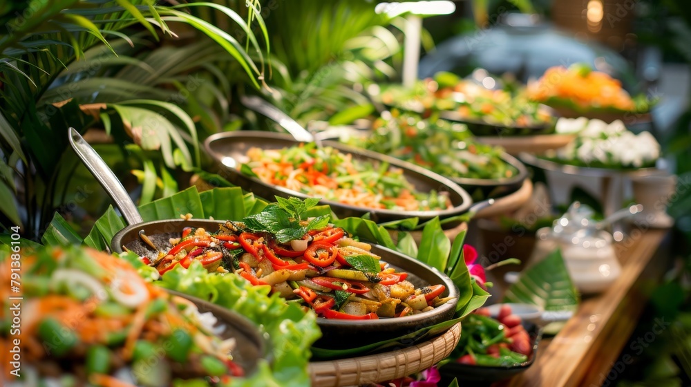 Fototapeta premium Vibrant and clean Thai food buffet in a tropical setting, neatly arranged dishes with fresh herbs and spices, under soft lighting