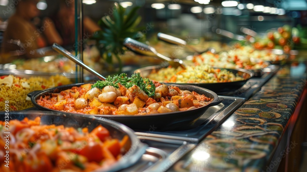 Tropical self-service buffet featuring Spanish specialties, focusing on a spotless and shiny serving area, with vibrant food displays