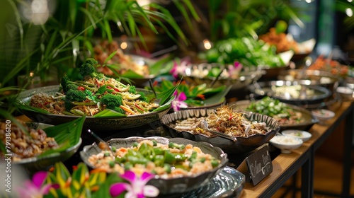 Vibrant and clean Thai food buffet in a tropical setting, neatly arranged dishes with fresh herbs and spices, under soft lighting