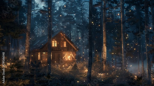 Twilight over a hidden cabin in the forest, soft lights glowing through windows, stars beginning to appear in the sky